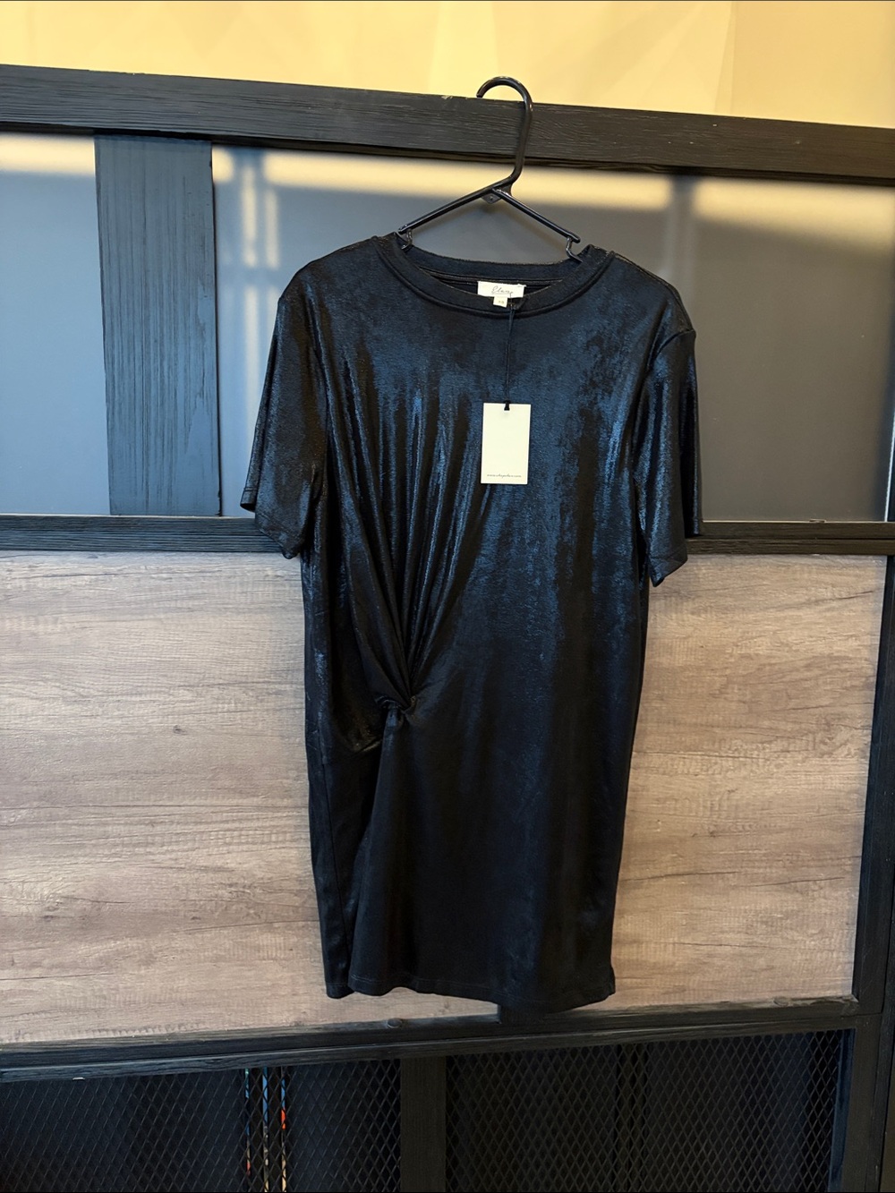 Elan Black Shimmery Knot-Front T-Shirt Dress